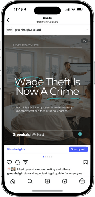 Greenhalgh Pickard wage theft Instagram post on a phone